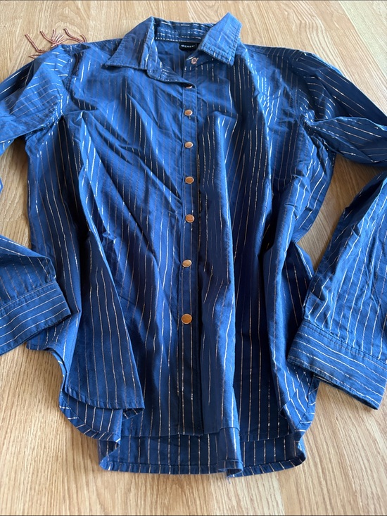 Cruel Girl Tops - Cruel Girl Navy Blue Button-Down Shirt with copper Stripe Detail